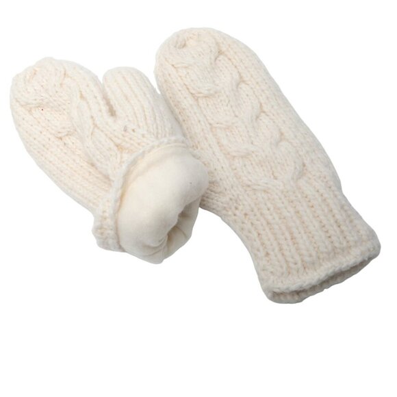 Cable Knit Winter Hat Toque & Mittens Pom Cream Leather Elk Deer Antler Patch - Picture 5 of 10